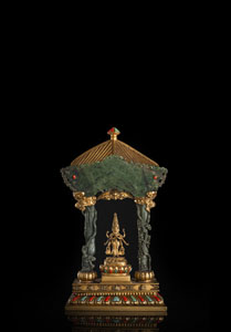 <b>Feiner feuervergoldeter Schrein mit Jade</b> <b>Feiner feuervergoldeter Schrein mit Jade</b>