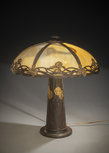 <b>A PARCIAL GILT AND PATINATED BRONZE AND LEAD GLASS TABLE LAMP</b>