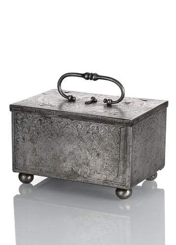 <b>A South German wrought iron miniature casket with etched arabesques and a horse</b>
