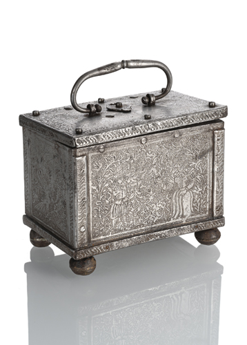 <b>A German Renaissance wrought iron chest with etched hunting scenes</b>
