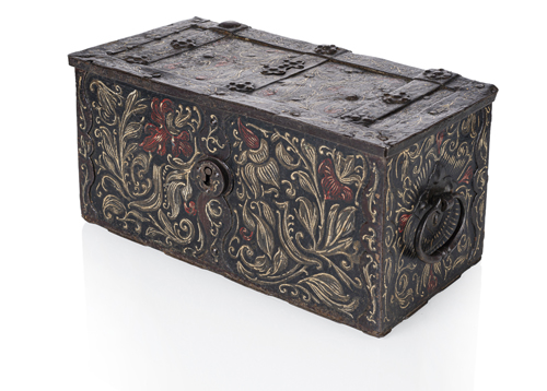 <b>A German wrought iron and polychrome painted chest</b>