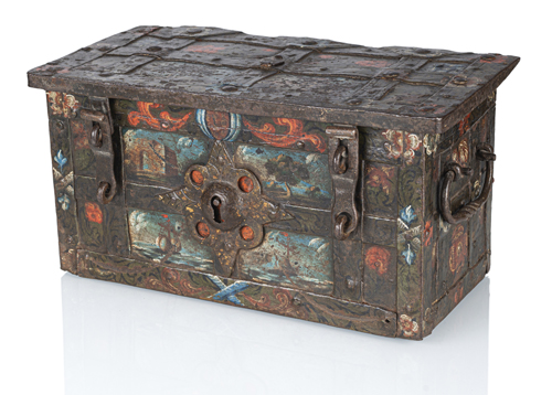 <b>A German wrought iron and polychrome painted chest</b>