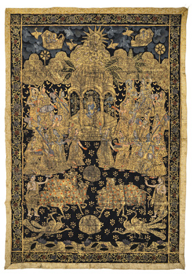 <b>A LARGE GOLDEN PICHWAI WITH KRISHNA AND GOPI</b>