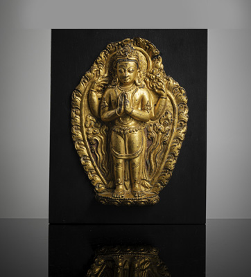 <b>Feuervergoldete Kupfer-Repoussé-Plakette des Shadaksharilokeshvara</b>