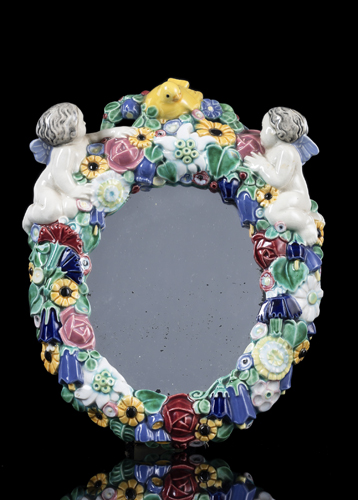 <b>CERAMIC FLORAL AND PUTTO PATTERN MIRROR WITH BIRD</b>
