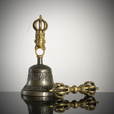 <b>A METAL PRIEST HAND-BELL (GHANTA) AND A DIAMOND SCEPTER (VAJRA)</b>