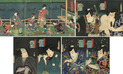 <b>Leporello mit 144 Farbholzschnitten verschiedener Künstler und ein Triptychon von Utagawa Kunisada (Toyokuni III) (1786-1864)</b>