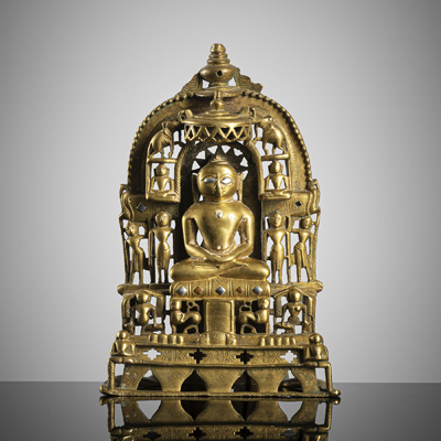 <b>Mit Silber und Kupfer eingelegter Altarschrein aus Bronze mit Darstellung des Jain Tirthankara</b>