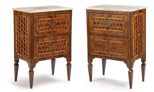 <b>A pair of Italian tulipwood and kingwood parquetry commodini</b>
