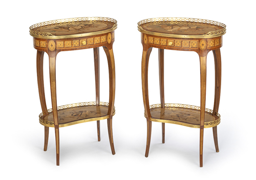 <b>A pair of French ormolu mounted, amaranth, mahogany tulipwood and marquetry side tables</b>