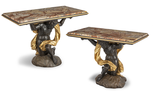<b>A pair of Italian polychrome painted and parcel gilt side tables</b>