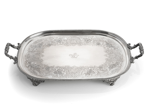 <b>A LARGE GEORGE III ENGRAVED SILVER TRAY</b>
