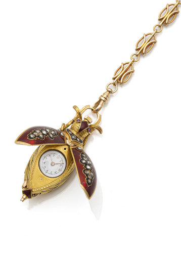 <b>A small gold and enamel pocket watch in the shape of a cockchafer</b>