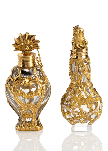 <b>TWO GOLD MOUNTED CRYSTAL GLASS FLACONS</b>