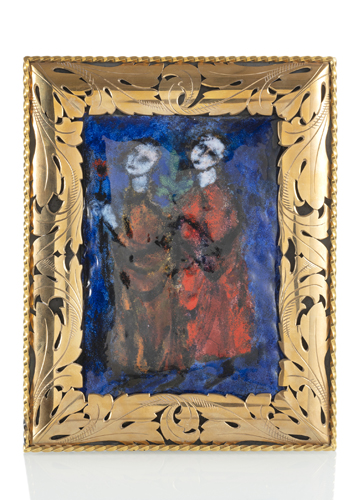 <b>AN ENAMELLED COPPER PLAQUE WITH A MODERN COMPOSITION OF TWO PEOPLE WITHIN A GOLD AND SILVER FRAME</b>