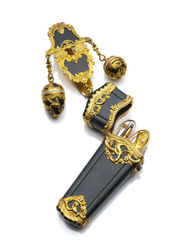 <b>A french Louis XV Style gold and hardstone Necessaire and chatelaine</b>