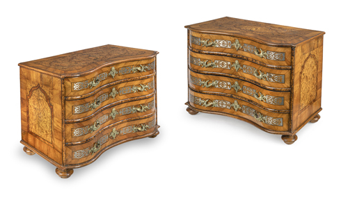 <b>A pair of South German ormolu mounted walnut stained field maple fruitwood and pewter marquetry commodes</b>