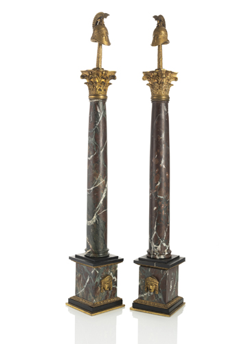 <b>A PAIR OF BRONZE MOUNTED ROUGE GRIOTTE MARBLE COLUMNS</b>