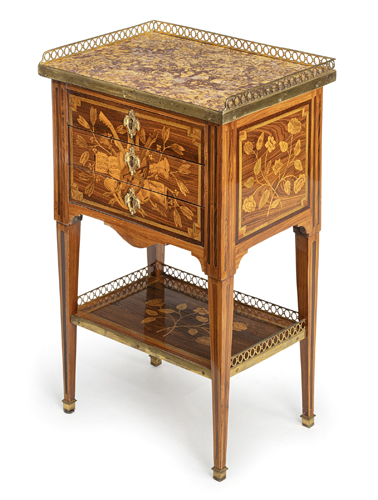 <b>A fine Louis XVI ormolu-mounted tulipwood, kingwood and fruitwood marquetry occasional table</b>