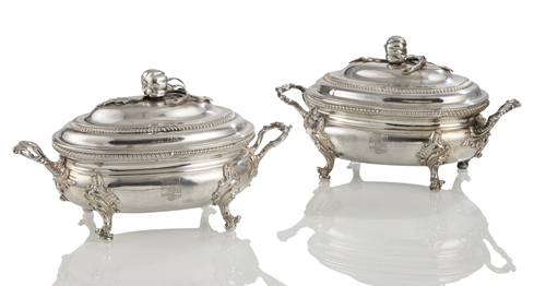 <b>A PAIR OF GEORGE II SILVER TUREENS AND COVERS WITH ENGRAVED COAT OF ARMS</b>
