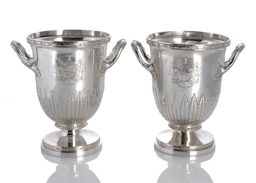 <b>A PAIR OF GEORGE III SILVER WINE COOLER WITH ENGRAVED ARMS</b>