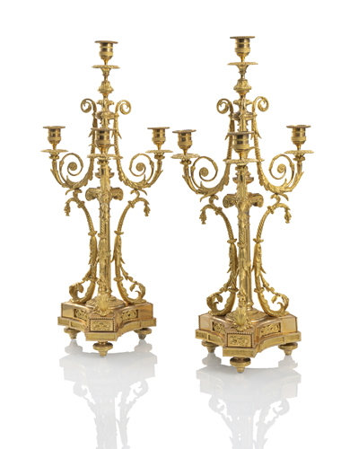 <b>An exceptional pair of Louis XVI two tone ormolu girandoles</b>