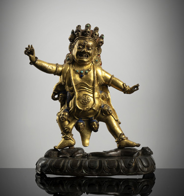 <b>Feuervergoldete Bronze des Vajrapani auf einem unvergoldeten Lotus stehend</b>