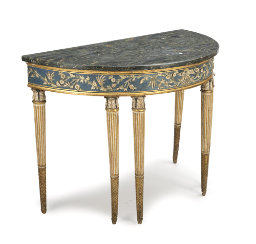 <b>A North Italian polychrome painted and parcel-gilt console table</b>