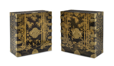 <b>A large pair of fine lacquer cabinets with black lacquer ground and decoration of the 'Three Friends of Winter - Prunus, Bamboo and Pine' in gold lacquer</b>