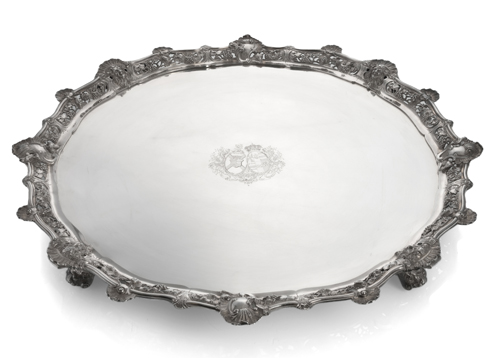<b>A LARGE PARTIAL OPENWORKE GEORGE II SILVER TRAY WITH ENGRAVED COAT OF ARMS</b>