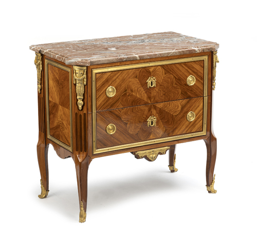 <b>A Louis XVI ormolu-mounted amaranth, tulipwood and fruitwood marquetry commode</b>