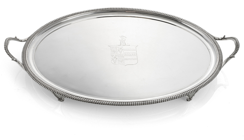 <b>A LARGE GEORGE III SILVER TRAY WITH ENGRAVED COAT OF ARMS</b>