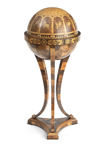 <b>An empire style walnut fruitwood tulipwood satinwood mahogany and others marquetry globe table</b>
