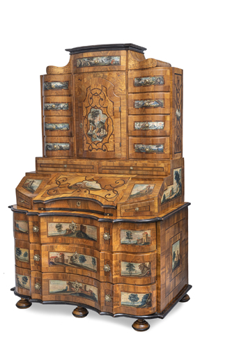 <b>An exceptional ormolu-mounted and polychrome painted walnut, burr-birch and fruitwood bureau cabinet</b>