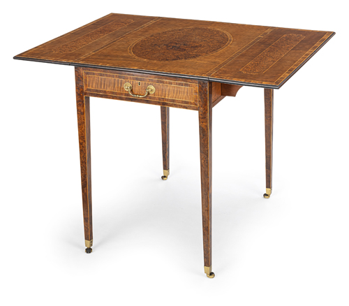 <b>A George III ormolu-mounted sycamore, amaranth, fruitwood and burr-walnut pembroke table</b>