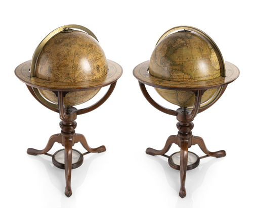 <b>A RARE PAIR OF BRASS MOUNTED MAHOGANY CELASTIAL AND TERRESTIAL GLOBES</b>