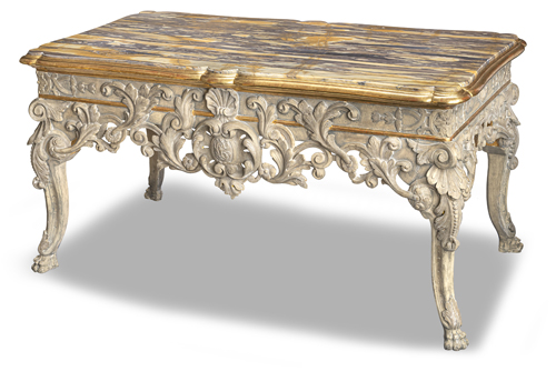 <b>A LARGE SOUTH EUROPEAN GRAY PAINTED AND PARCEL GILT CENTRE TABLE</b>