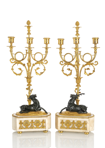 <b>A pair of Louis XVI ormolu and patinated bronze hunting girandoles</b>