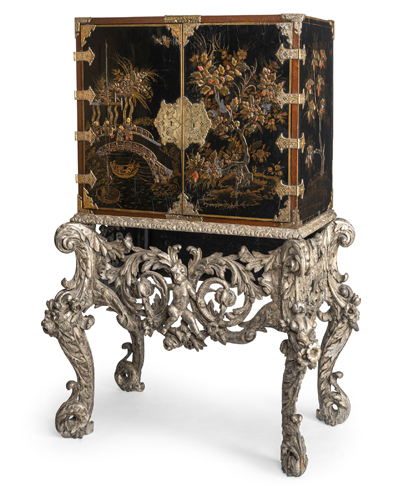<b>A WILLIAM AND MARY ORMOLU MOUNTED BLACK AND GILT JAPANNED AND SILVERED CABINET ON STAND</b>