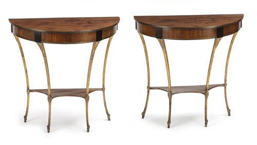 <b>A pair of mahogany, ebonized and brass-banded console tables</b>