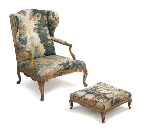 <b>A French large beechwood fauteuil and stool</b>