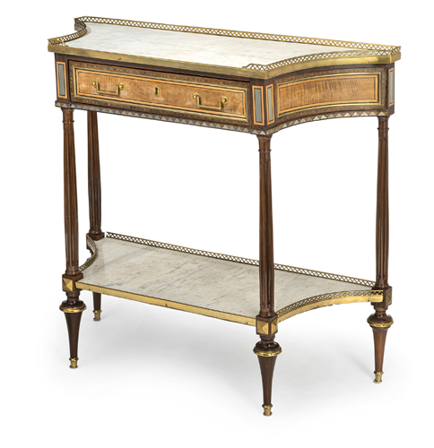 <b>A LOUIS XVI BRASS MOUNTED MAHOGANY SYCAMORE AND PEWTER INLAID CONSOLE DESSERTE</b>