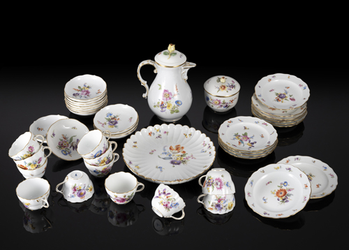 <b>A MEISSEN FLORAL PAINTED AND GILT COFFEE SERVICE FOR 12</b>