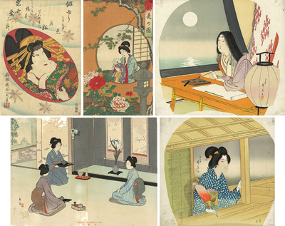 <b>Utagawa Kunisada II (1823 - 1880), Toyoharu Chikanobu (1838 - 1912), Mizuno Toshikata (1866 - 1908) und Seisai</b>
