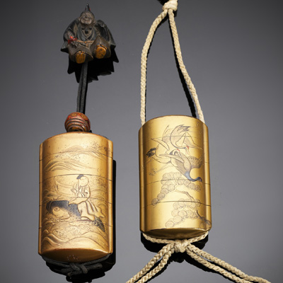 <b>Two five-part gold lacquer inrô with cranes and Kinko Sennin respectively</b>