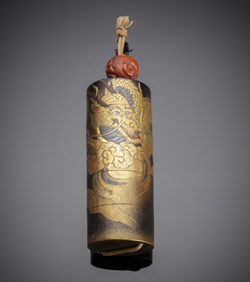 <b>A cylindrical, four-case inrô with a dragon in clouds</b>