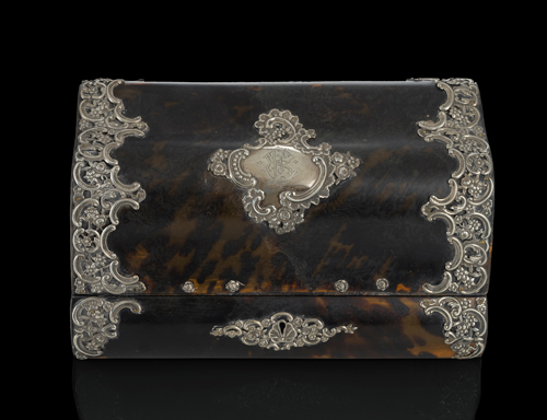 <b>A SILVER MOUNTED TORTOISE SHELL AND LEATHER WRITING BOX</b>