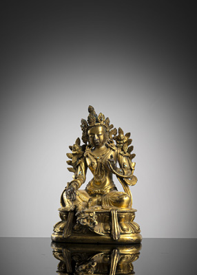 <b>Feuervergoldete Bronze der Syamatara auf einem Lotus</b>