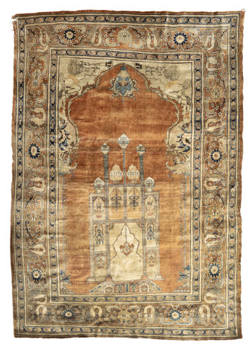 <b>A silk Tabriz prayer rug</b> <b>A silk Tabriz prayer rug</b>